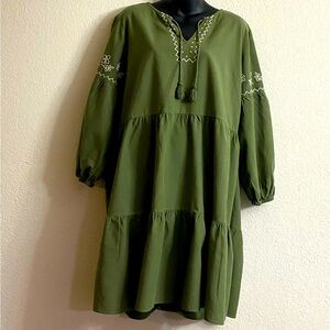 Beach Lunch Lounge Olive Embroidered Tie Closure LG Midi Dress BohoCore Festival